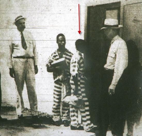 George Stinney Jr. in a striped prison uniform and booking records from the South Carolina Penitentiary