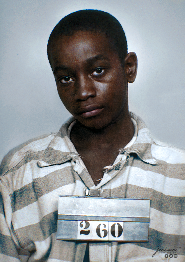 George Stinney Jr. in a striped prison uniform and booking records from the South Carolina Penitentiary