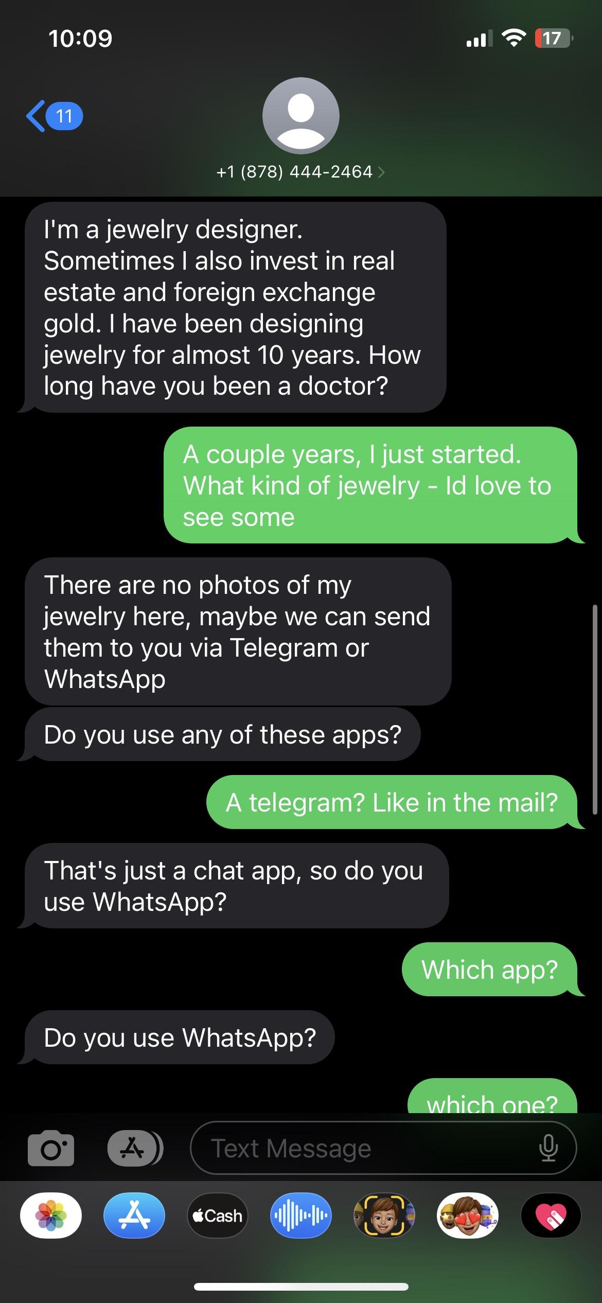 Scambaiting text conversation where a user mocks a scammer pretending to be a jewelry designer.