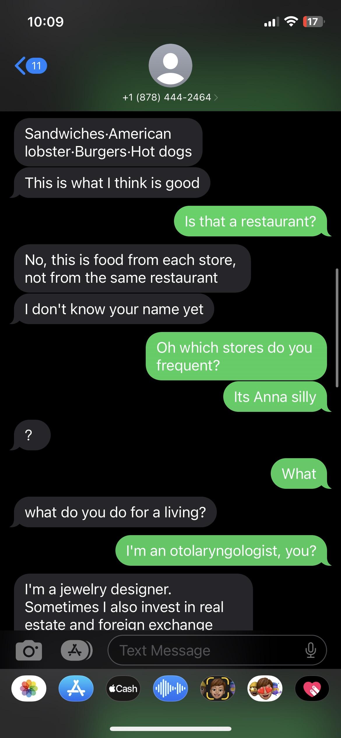 Scambaiting text conversation where a user mocks a scammer pretending to be a jewelry designer.