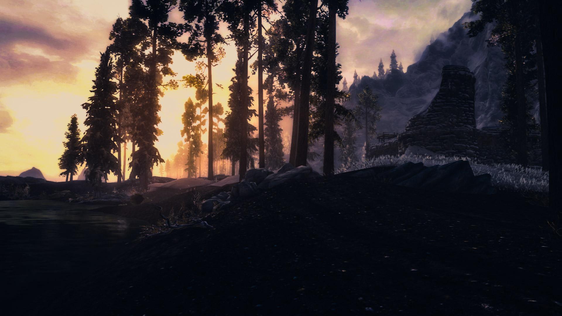 Skyrim medieval build featuring rustic wooden buildings, a bridge, and glowing lanterns at night