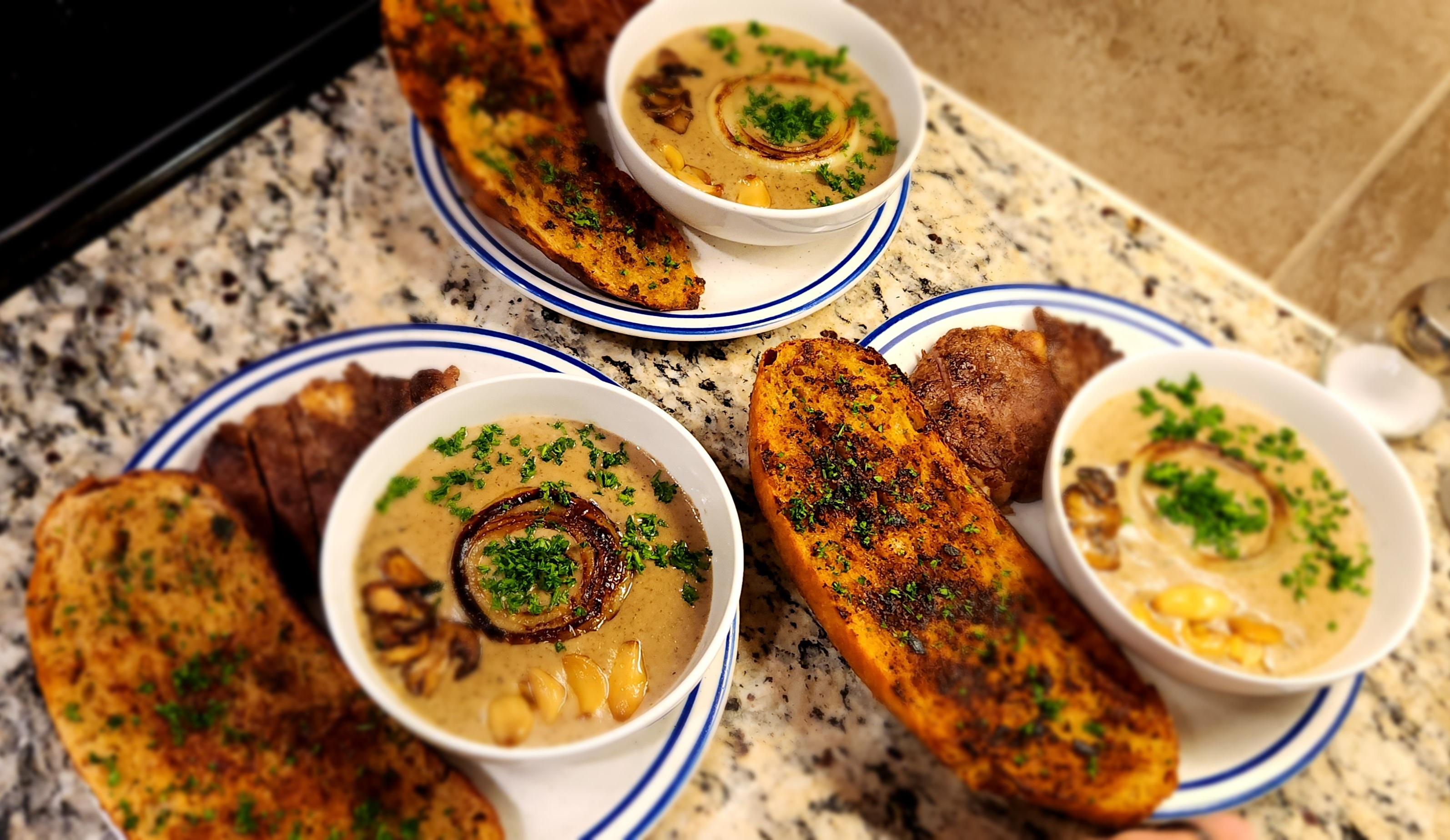 [homemade] Creamy mushroom soup, pan-seared steak, & homemade artisan ...