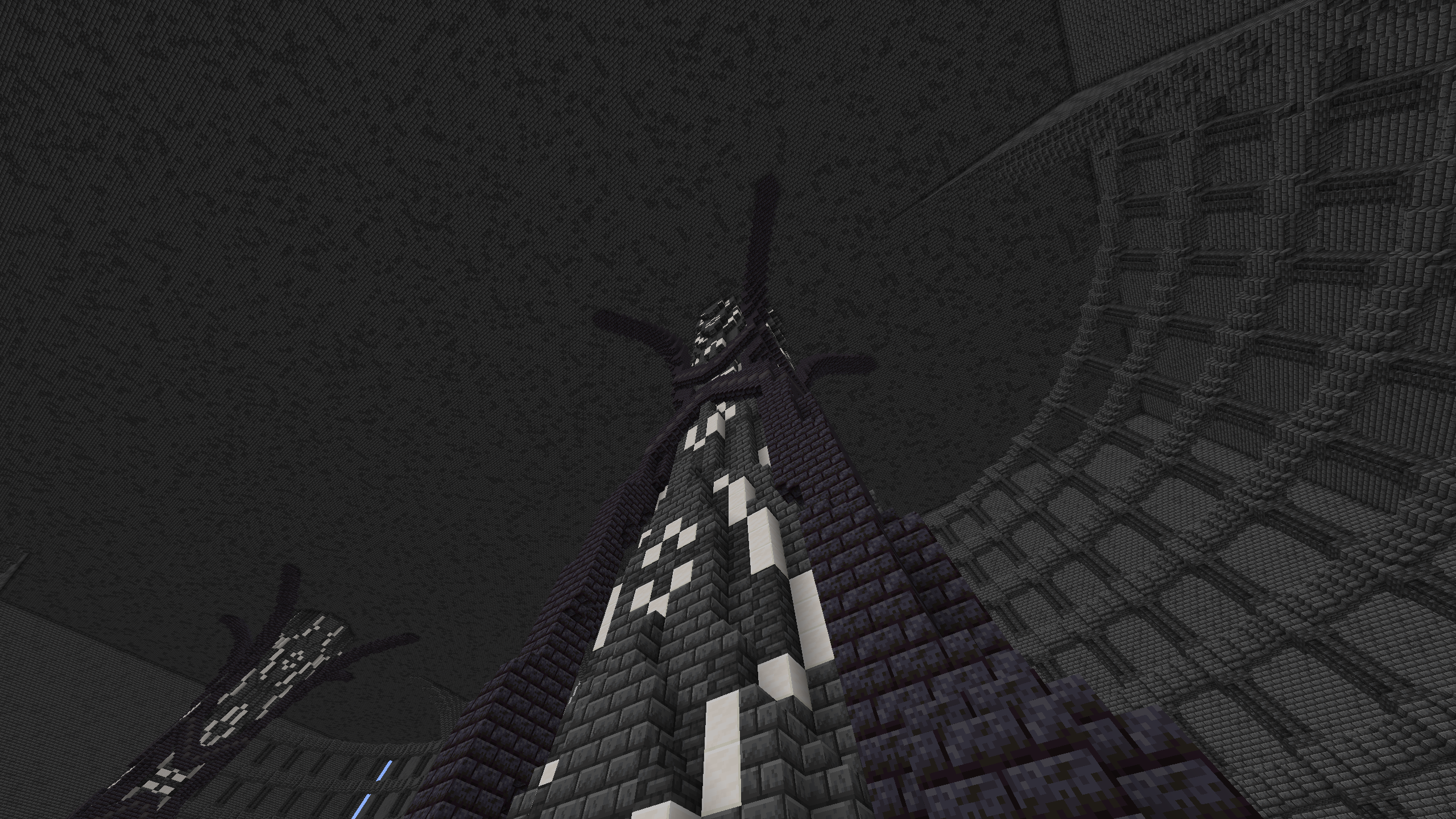 Cool Minecraft mega build featuring a futuristic column with grey and purple blocks and glowing white accents.