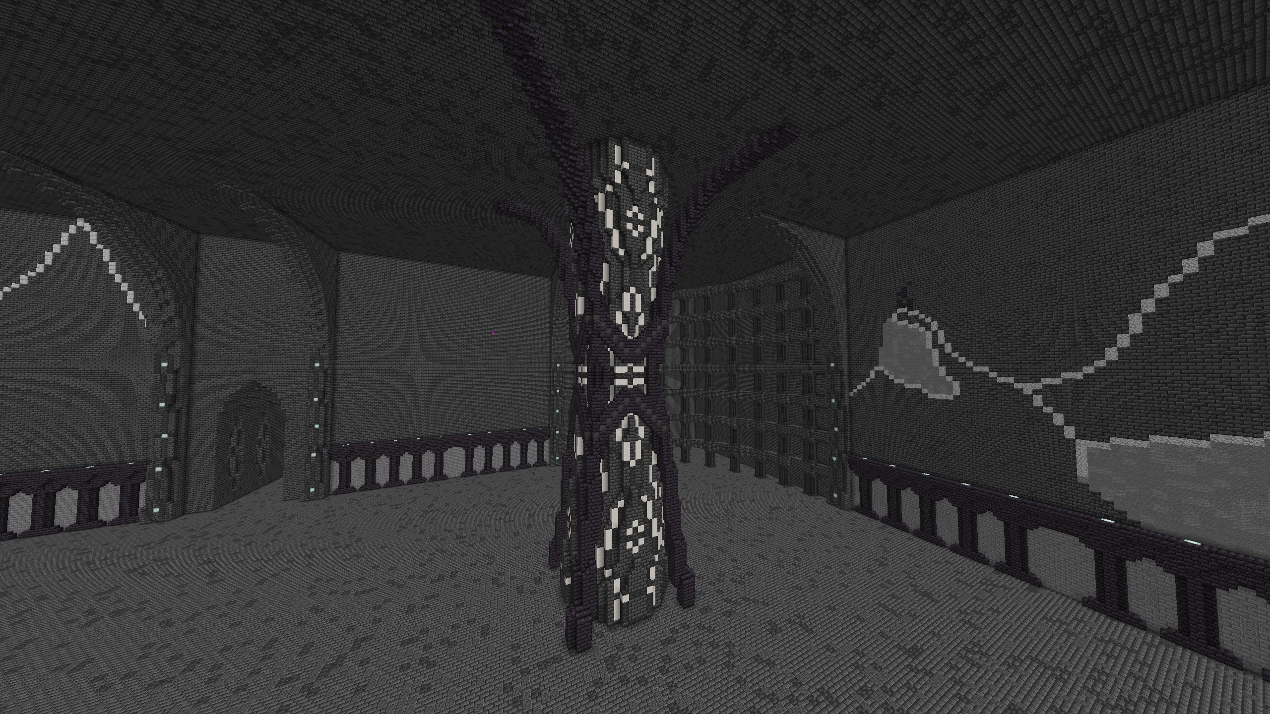 Cool Minecraft mega build featuring a futuristic column with grey and purple blocks and glowing white accents.