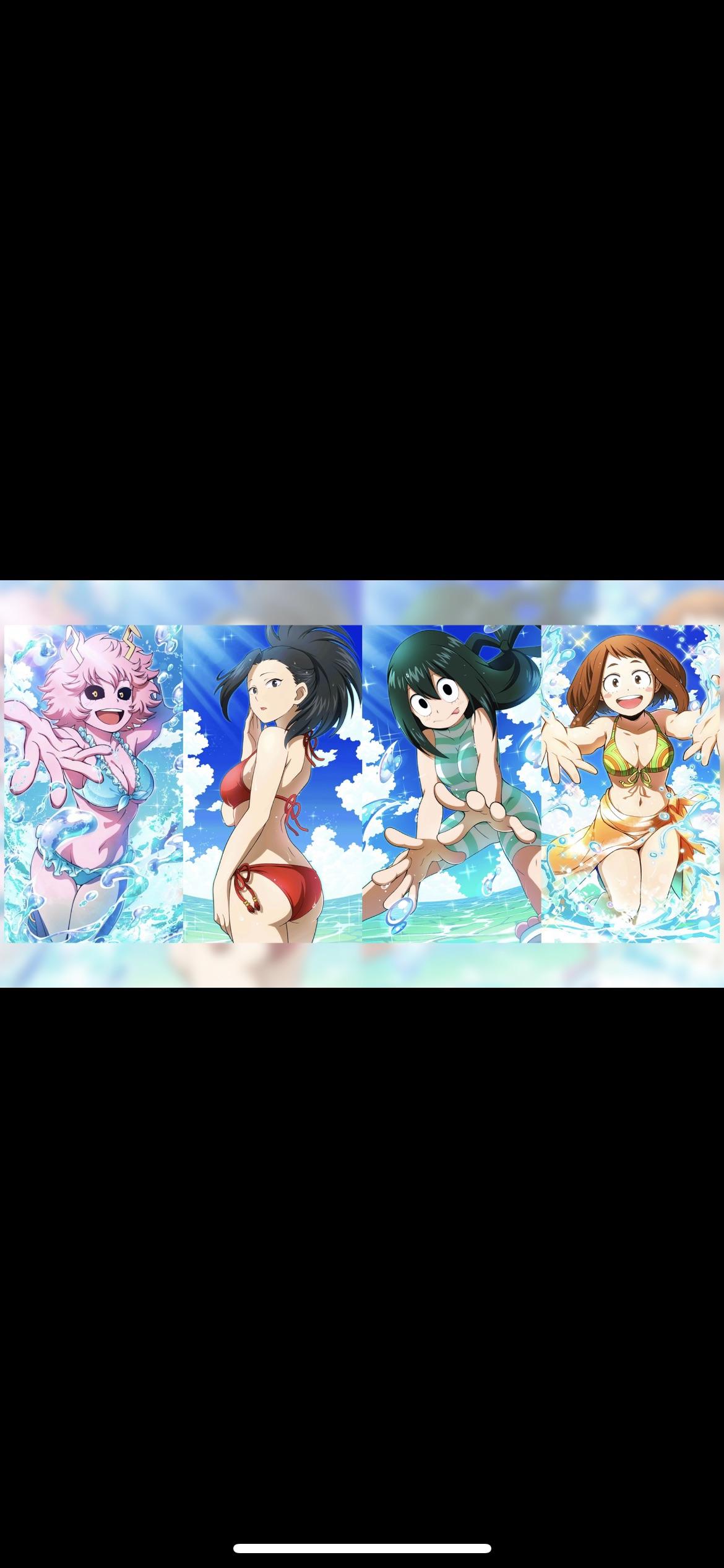My Hero Academia anime girls in bunny suits, bikinis, and leotards showing cleavage and big ass pinup poses