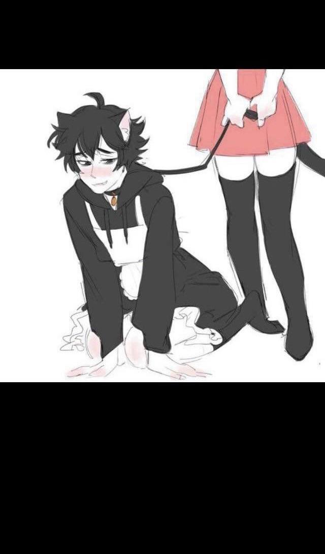 FNAF roleplay anime art featuring submissive male pet play with a collar and various characters in suggestive poses.