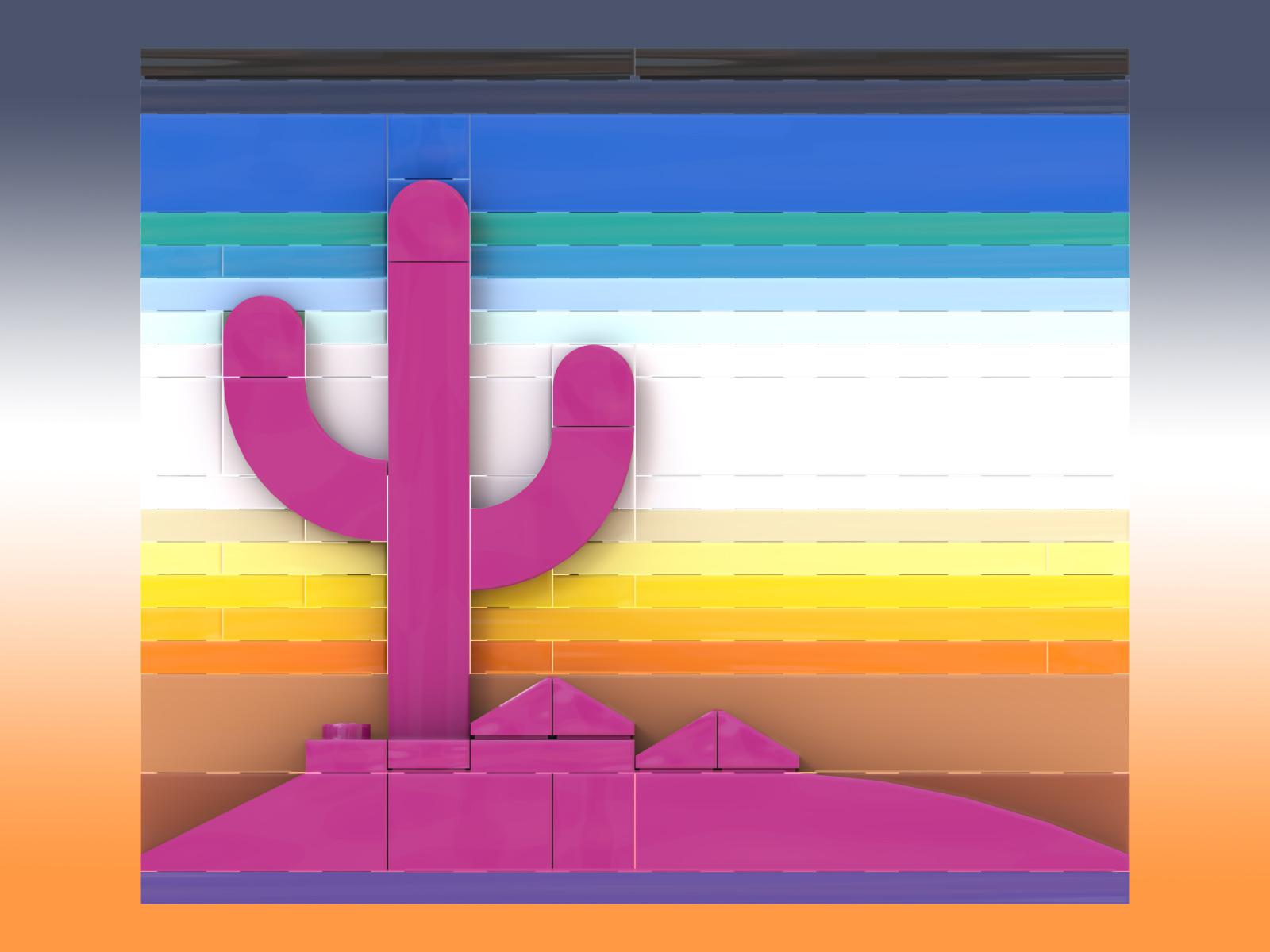 Lego MOC Arizona sunset with a pink cactus and striped background