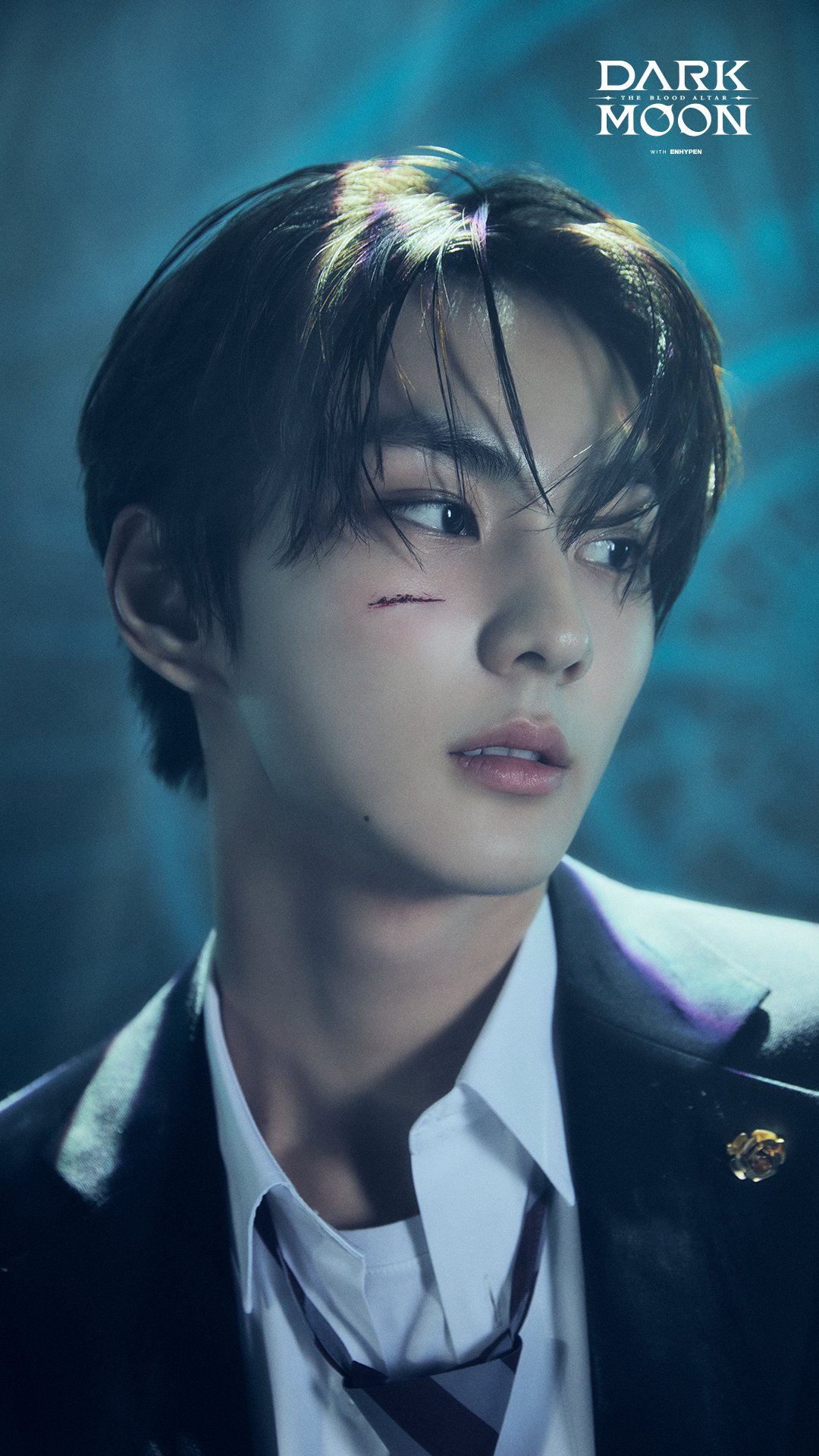 Jungwon of ENHYPEN in a school uniform with a dark blazer and white shirt against a blue glowing background