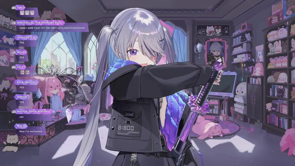 Biboo in a black and purple gothic outfit with long silver pigtails, featuring character design sheets and stream overlays