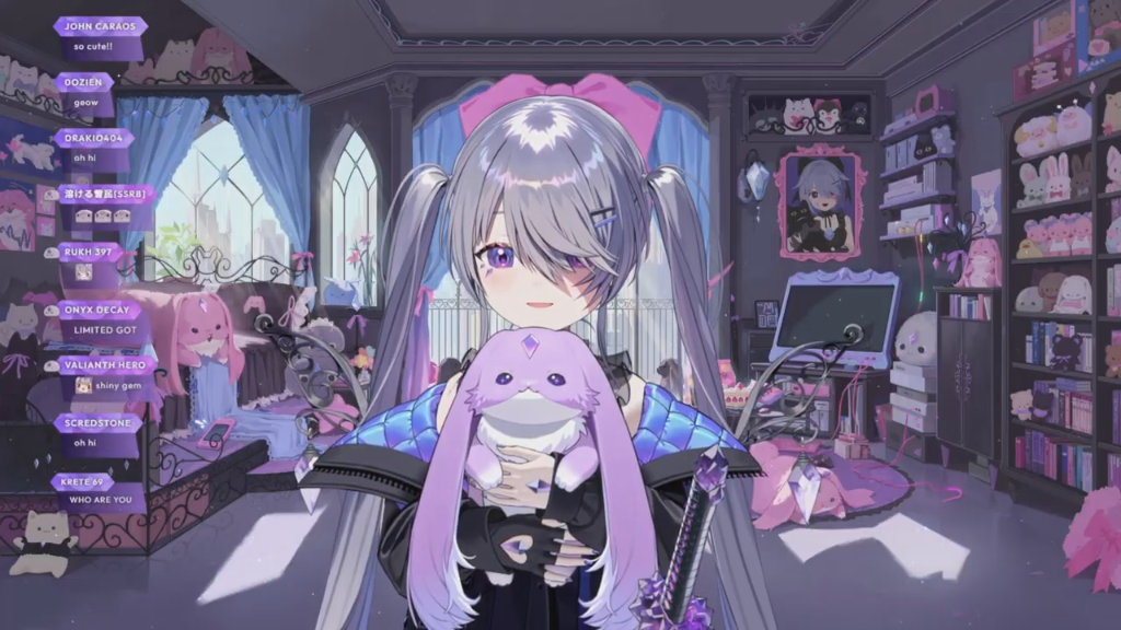 Biboo in a black and purple gothic outfit with long silver pigtails, featuring character design sheets and stream overlays