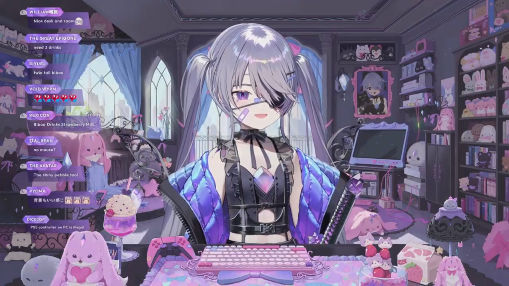 Biboo in a black and purple gothic outfit with long silver pigtails, featuring character design sheets and stream overlays