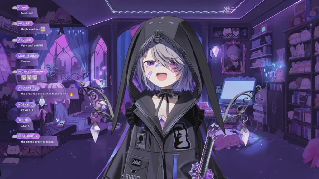 Biboo in a black and purple gothic outfit with long silver pigtails, featuring character design sheets and stream overlays