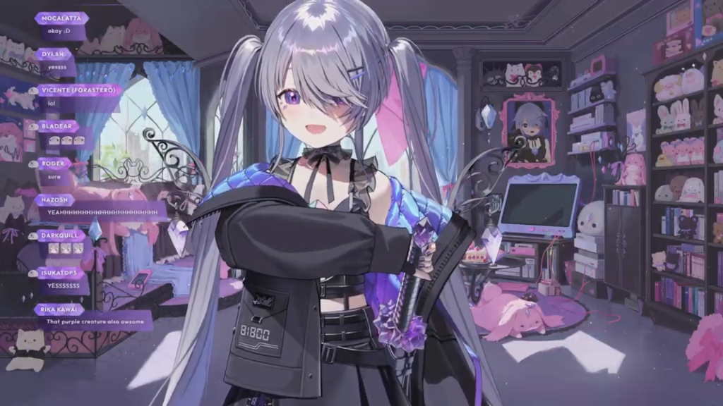 Biboo in a black and purple gothic outfit with long silver pigtails, featuring character design sheets and stream overlays