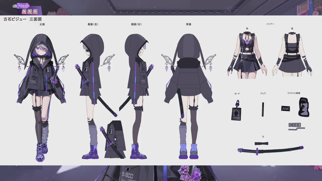 Biboo in a black and purple gothic outfit with long silver pigtails, featuring character design sheets and stream overlays
