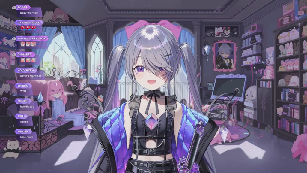Biboo in a black and purple gothic outfit with long silver pigtails, featuring character design sheets and stream overlays