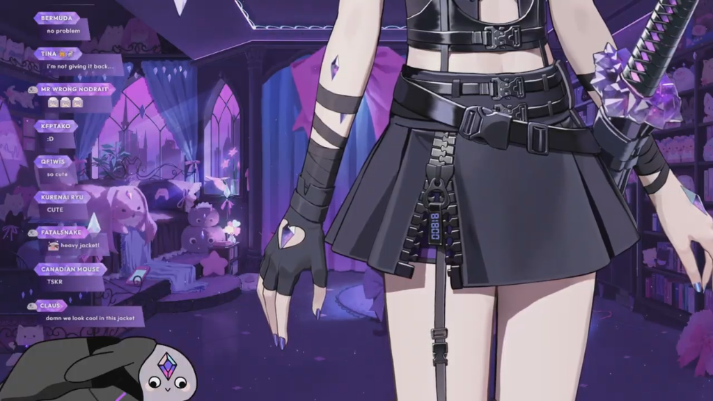 Biboo in a black and purple gothic outfit with long silver pigtails, featuring character design sheets and stream overlays