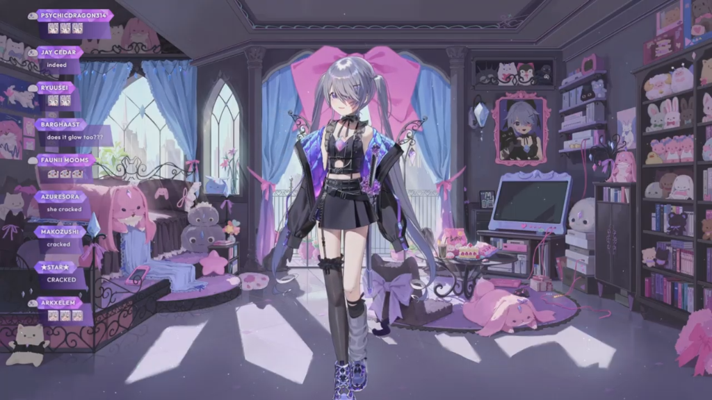 Biboo in a black and purple gothic outfit with long silver pigtails, featuring character design sheets and stream overlays