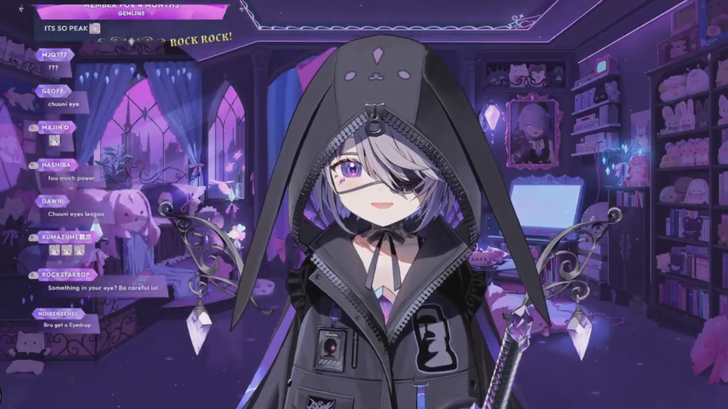Biboo in a black and purple gothic outfit with long silver pigtails, featuring character design sheets and stream overlays