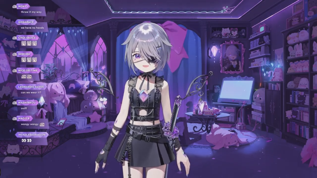 Biboo in a black and purple gothic outfit with long silver pigtails, featuring character design sheets and stream overlays