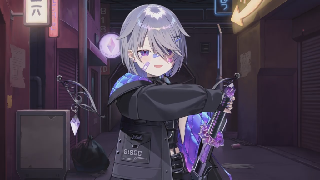 Biboo in a black and purple gothic outfit with long silver pigtails, featuring character design sheets and stream overlays