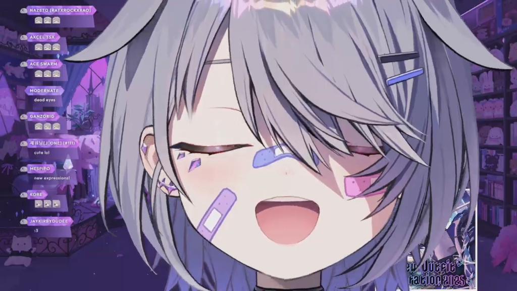 Biboo in a black and purple gothic outfit with long silver pigtails, featuring character design sheets and stream overlays