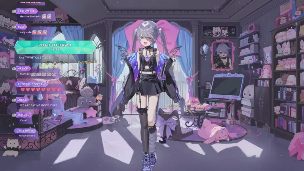 Biboo in a black and purple gothic outfit with long silver pigtails, featuring character design sheets and stream overlays