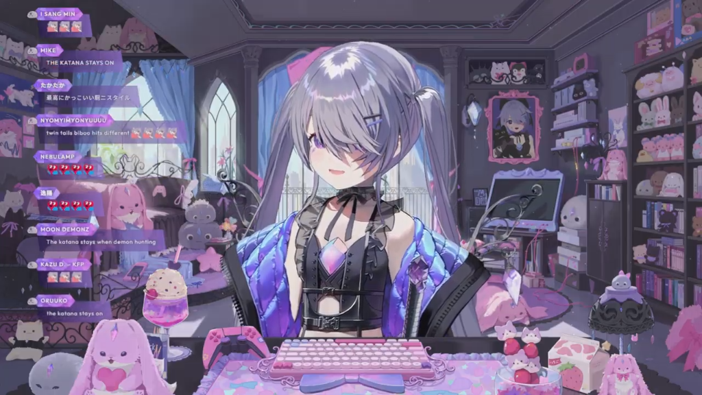 Biboo in a black and purple gothic outfit with long silver pigtails, featuring character design sheets and stream overlays