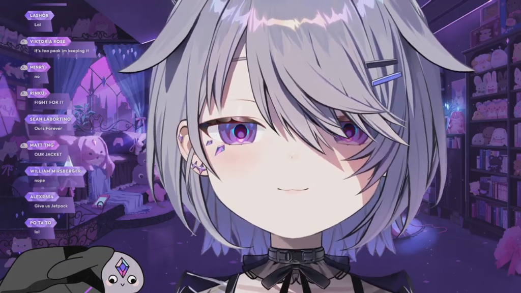 Biboo in a black and purple gothic outfit with long silver pigtails, featuring character design sheets and stream overlays