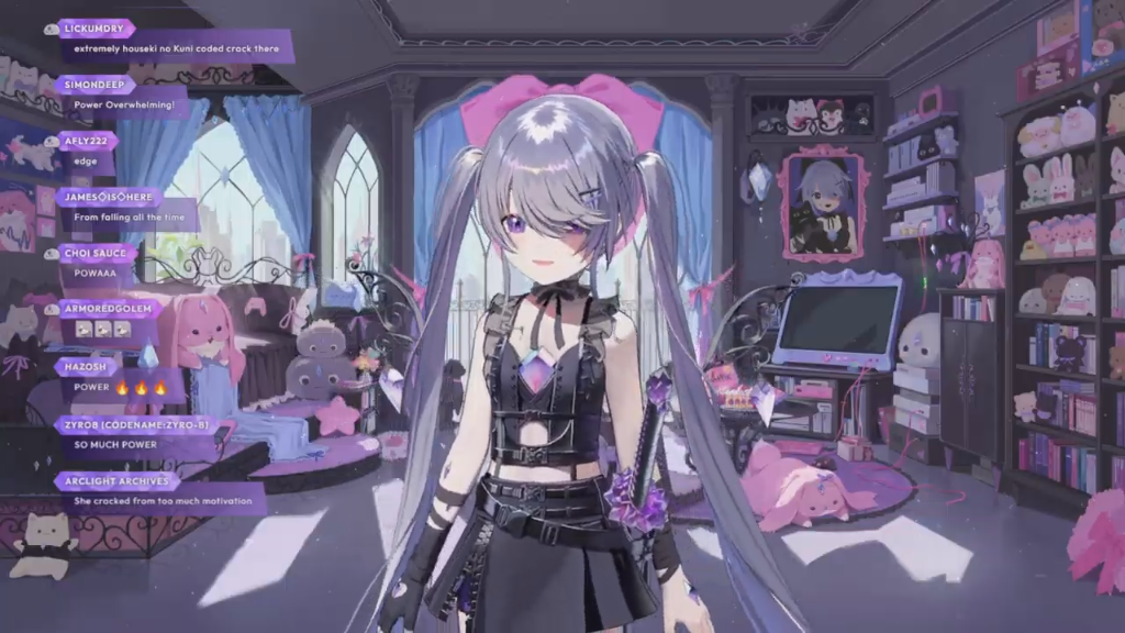 Biboo in a black and purple gothic outfit with long silver pigtails, featuring character design sheets and stream overlays