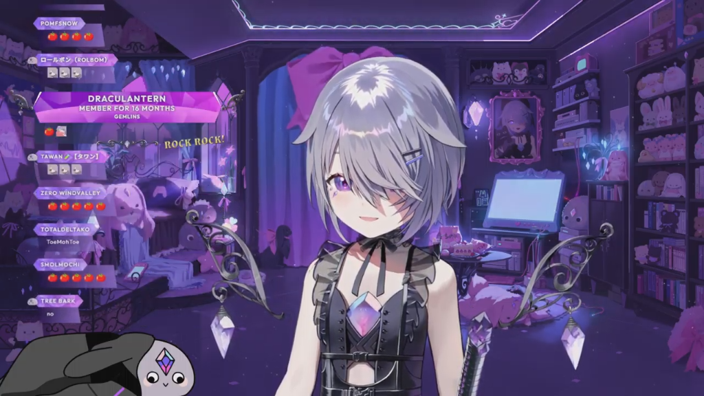 Biboo in a black and purple gothic outfit with long silver pigtails, featuring character design sheets and stream overlays