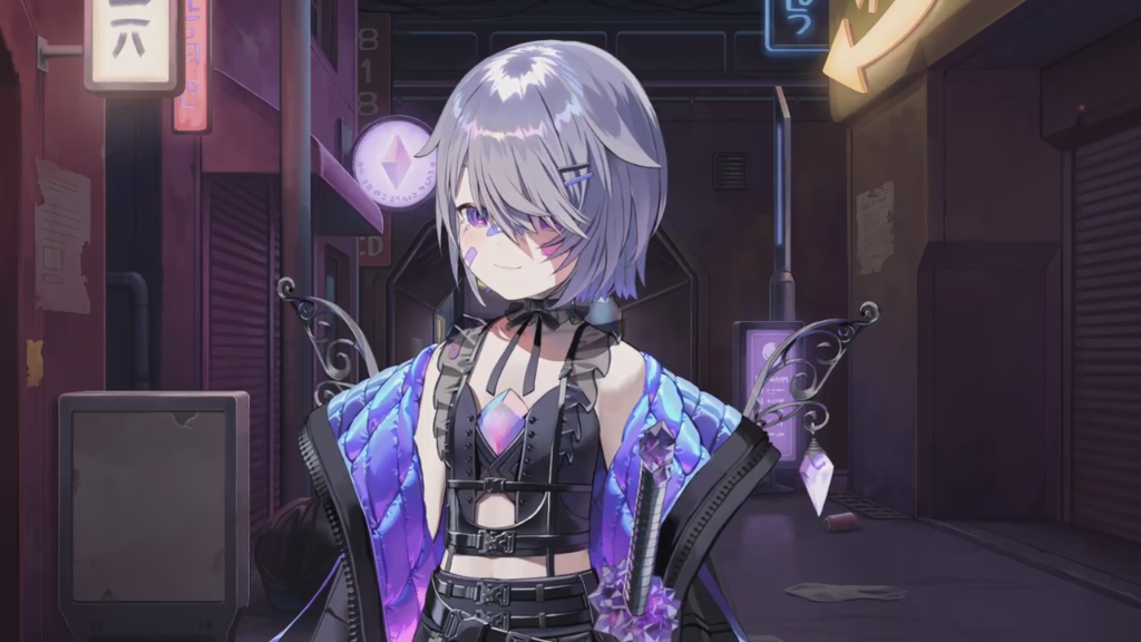 Biboo in a black and purple gothic outfit with long silver pigtails, featuring character design sheets and stream overlays