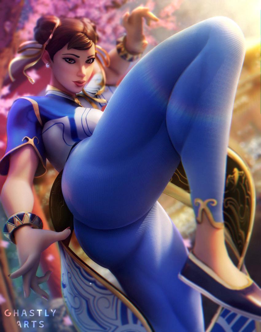 Chun-Li in 3D anime art wearing a blue qipao, black qipao, and blue sports bra and thong
