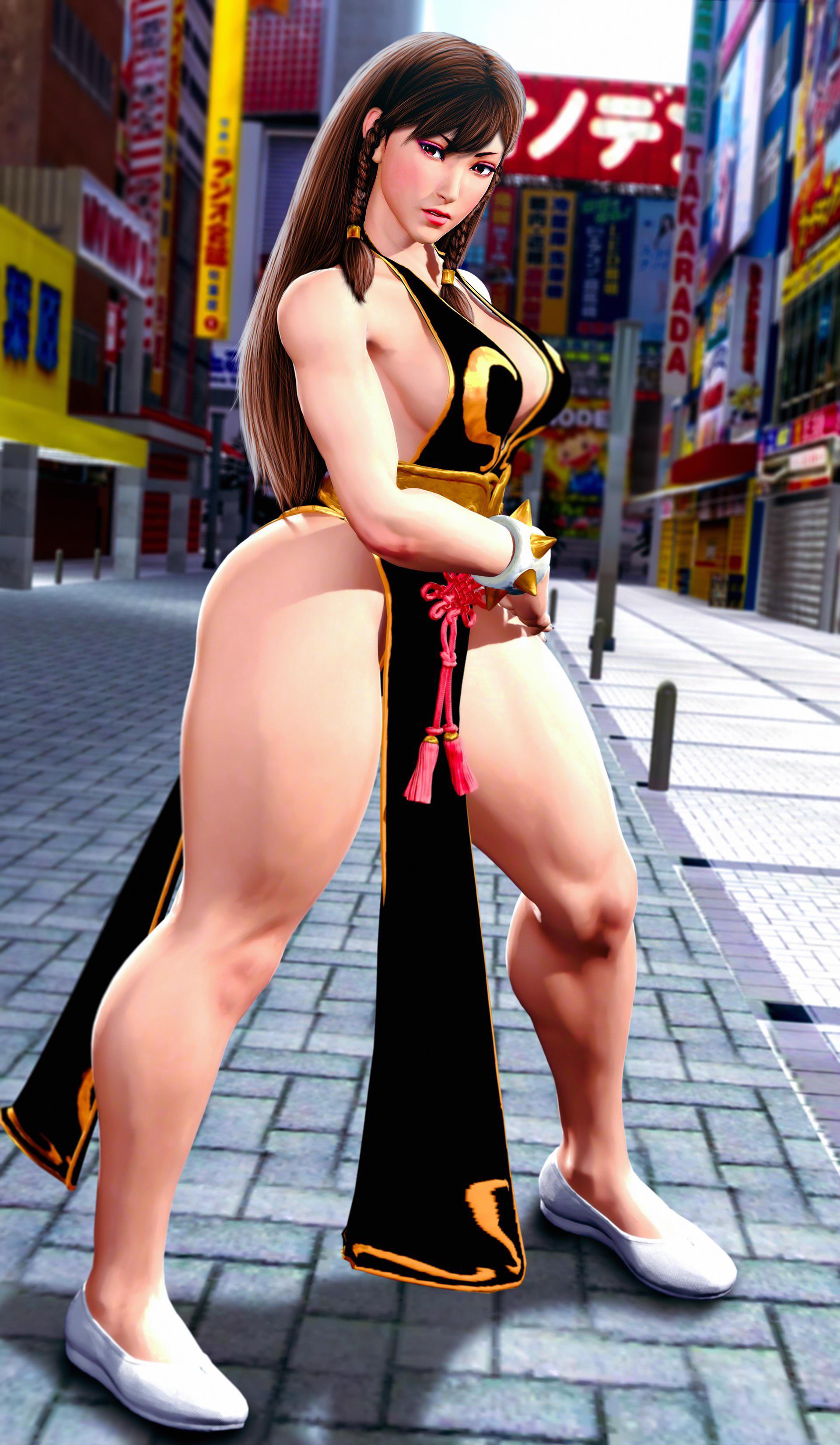 Chun-Li in 3D anime art wearing a blue qipao, black qipao, and blue sports bra and thong
