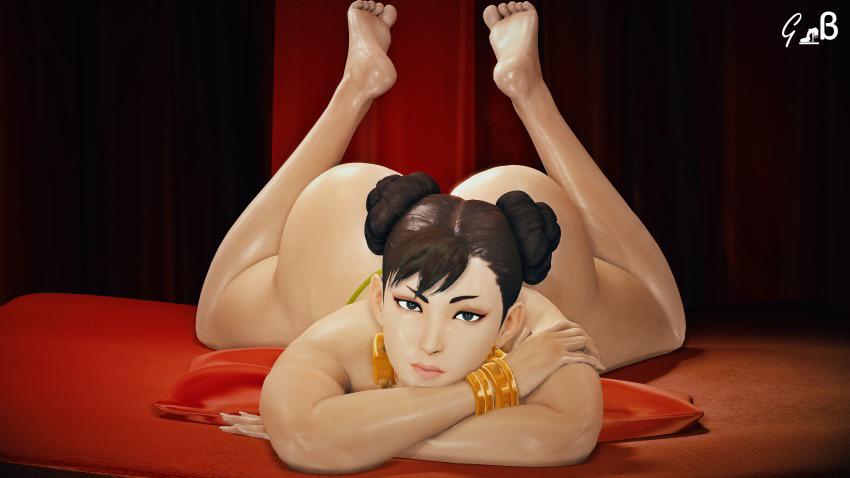 Chun-Li in 3D anime art wearing a blue qipao, black qipao, and blue sports bra and thong