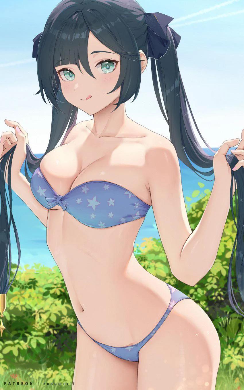 Genshin Impact harem anime art featuring busty and curvy girls in lingerie and bikinis