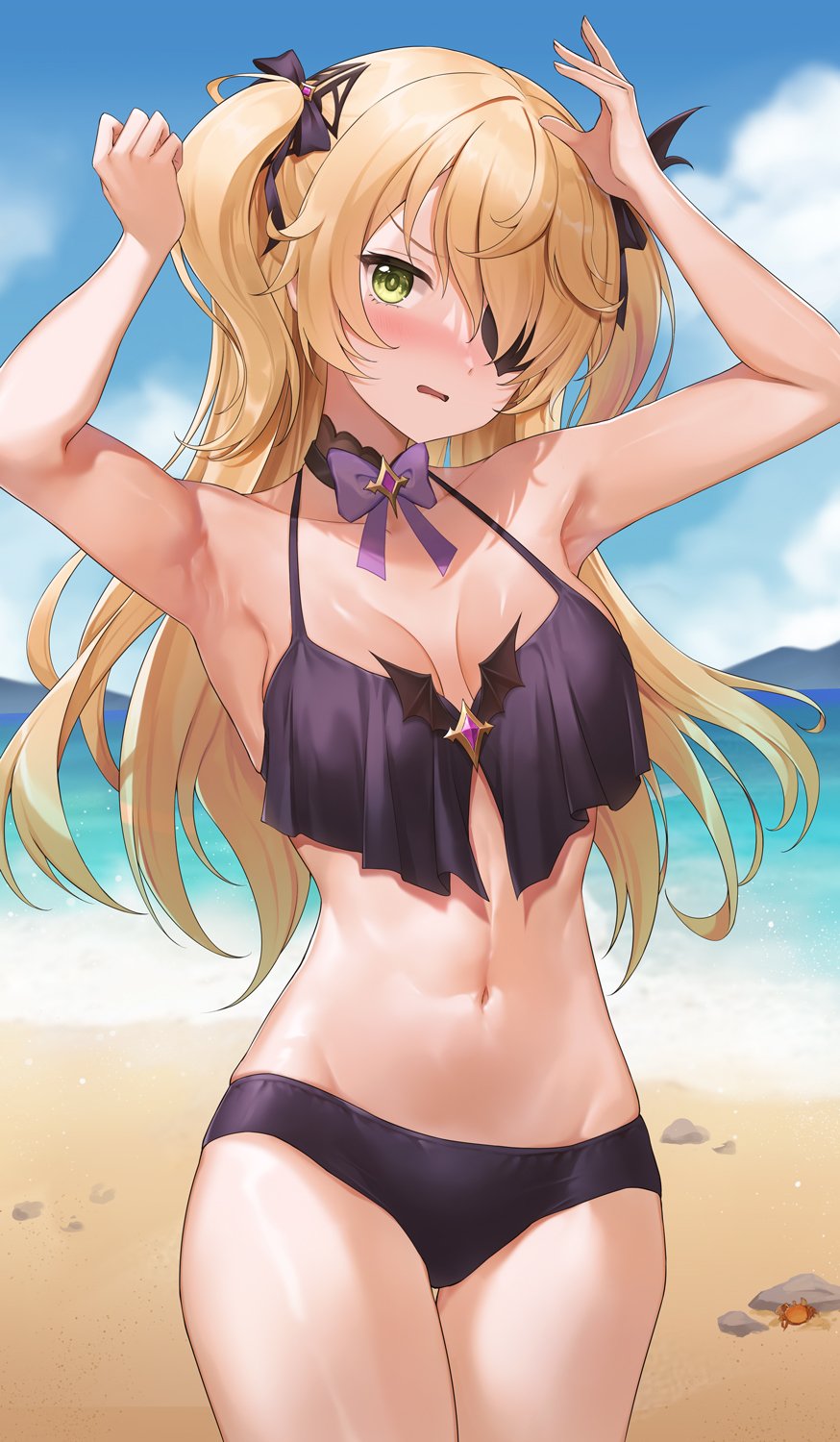 Genshin Impact harem anime art featuring busty and curvy girls in lingerie and bikinis