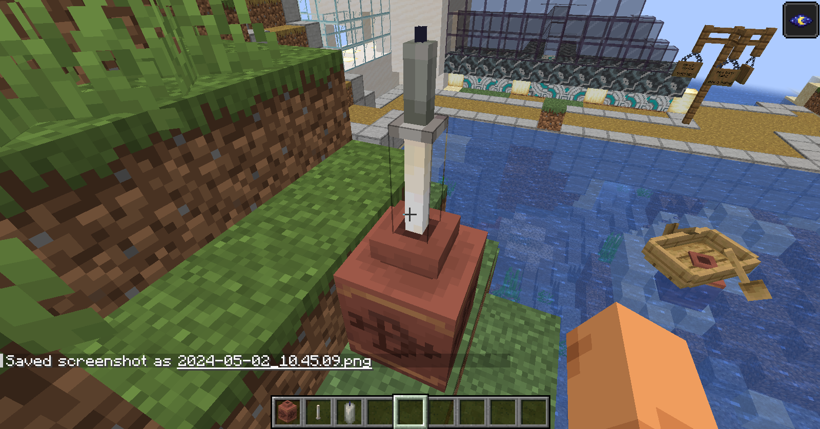 Decorated pot hacks in Minecraft featuring blocks, boats, swords, banners, and flowers