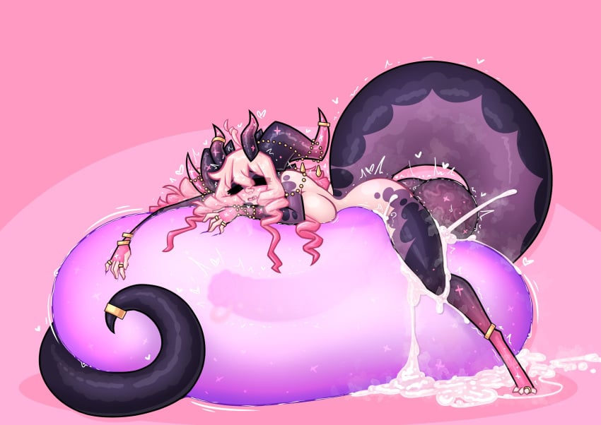 Futanari anthropomorphic character with purple hair and a striped tail in a crotchless grey bodysuit