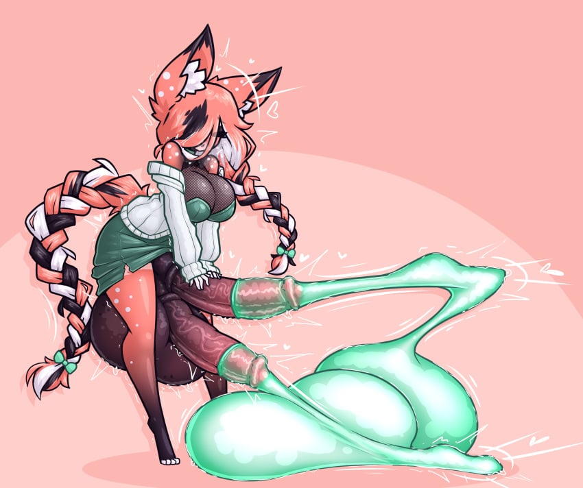 Futanari anthropomorphic character with purple hair and a striped tail in a crotchless grey bodysuit