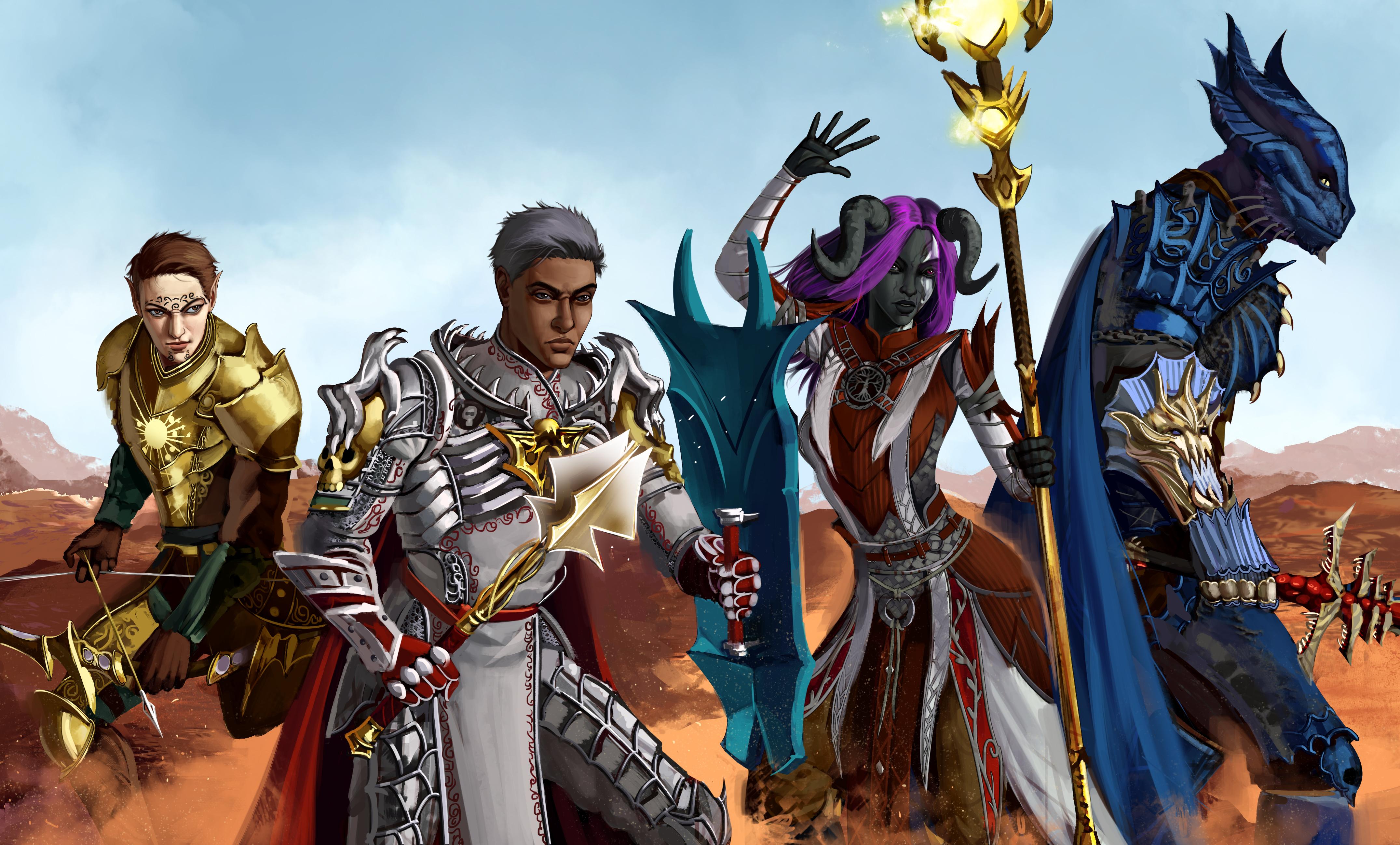 Fantasy characters by ROSSOWINCH in ornate armor and flowing red and white robes with magic effects
