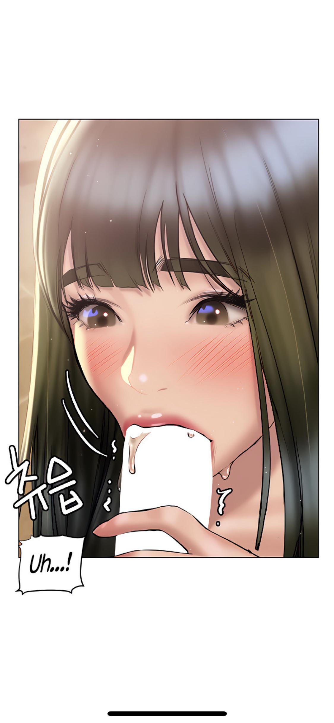 Pornhwa anime art of Song performing a blowjob on a man in a bathroom, both wearing towels.