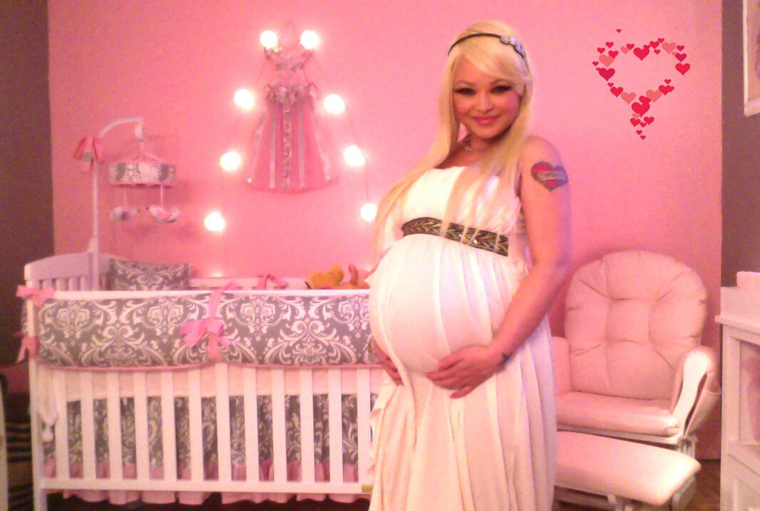 Pregnant Tila Tequila and other pregnant women, including a blonde in a white maternity dress and a woman in a pink bikini