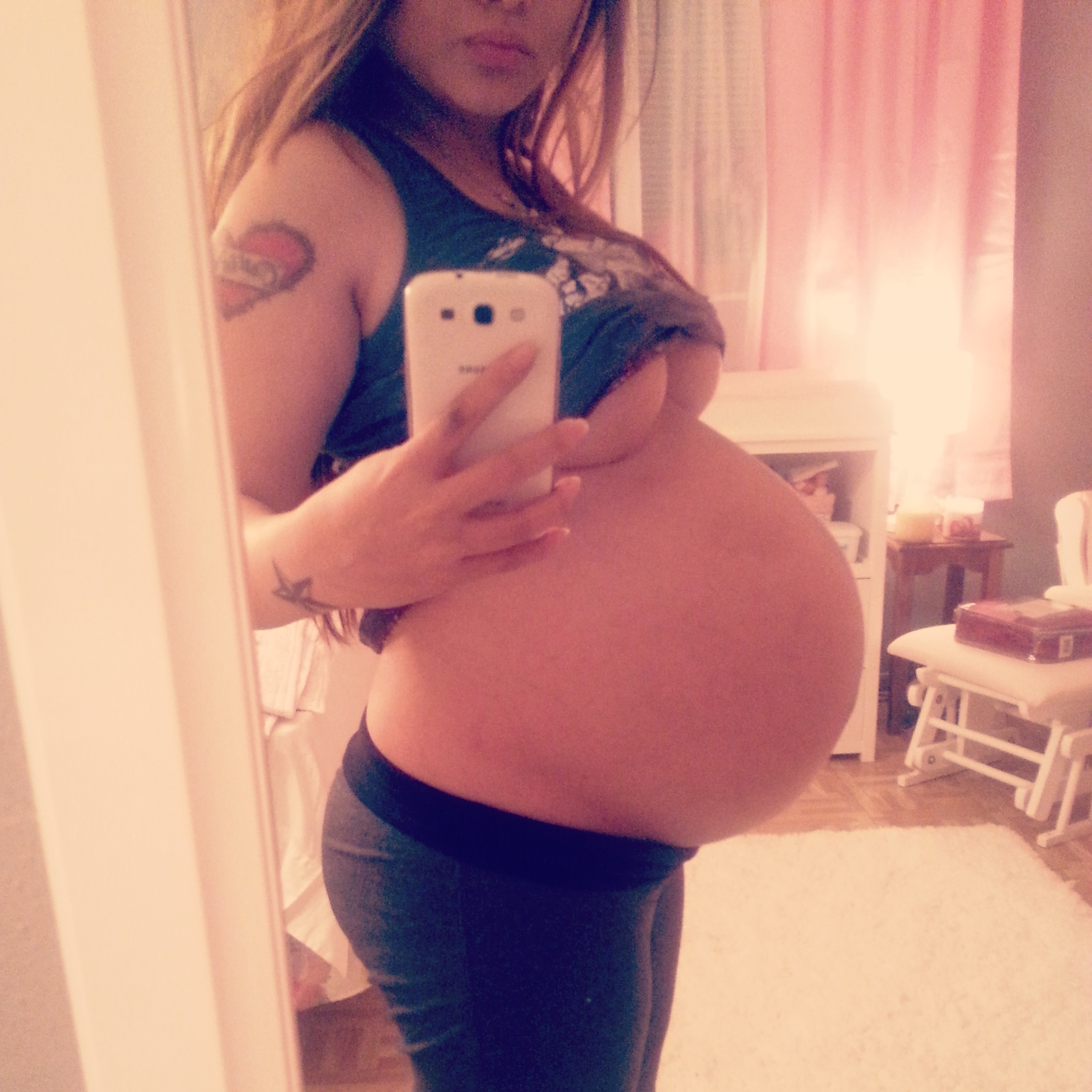 Pregnant Tila Tequila and other pregnant women, including a blonde in a white maternity dress and a woman in a pink bikini