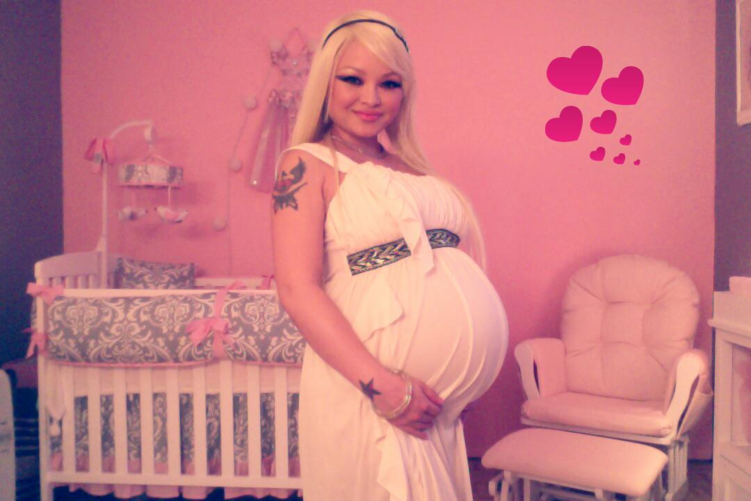 Pregnant Tila Tequila and other pregnant women, including a blonde in a white maternity dress and a woman in a pink bikini
