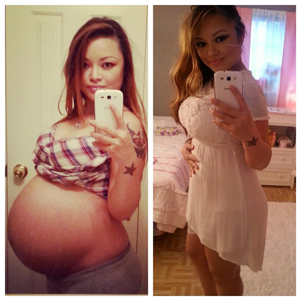 Pregnant Tila Tequila and other pregnant women, including a blonde in a white maternity dress and a woman in a pink bikini