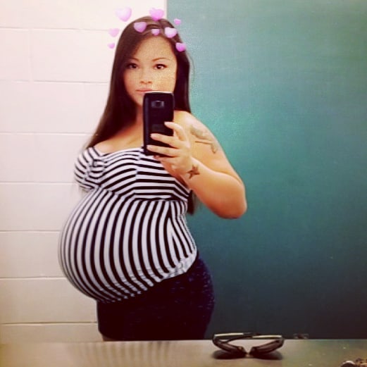 Pregnant Tila Tequila and other pregnant women, including a blonde in a white maternity dress and a woman in a pink bikini
