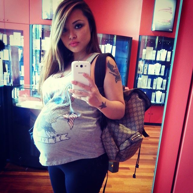 Pregnant Tila Tequila and other pregnant women, including a blonde in a white maternity dress and a woman in a pink bikini