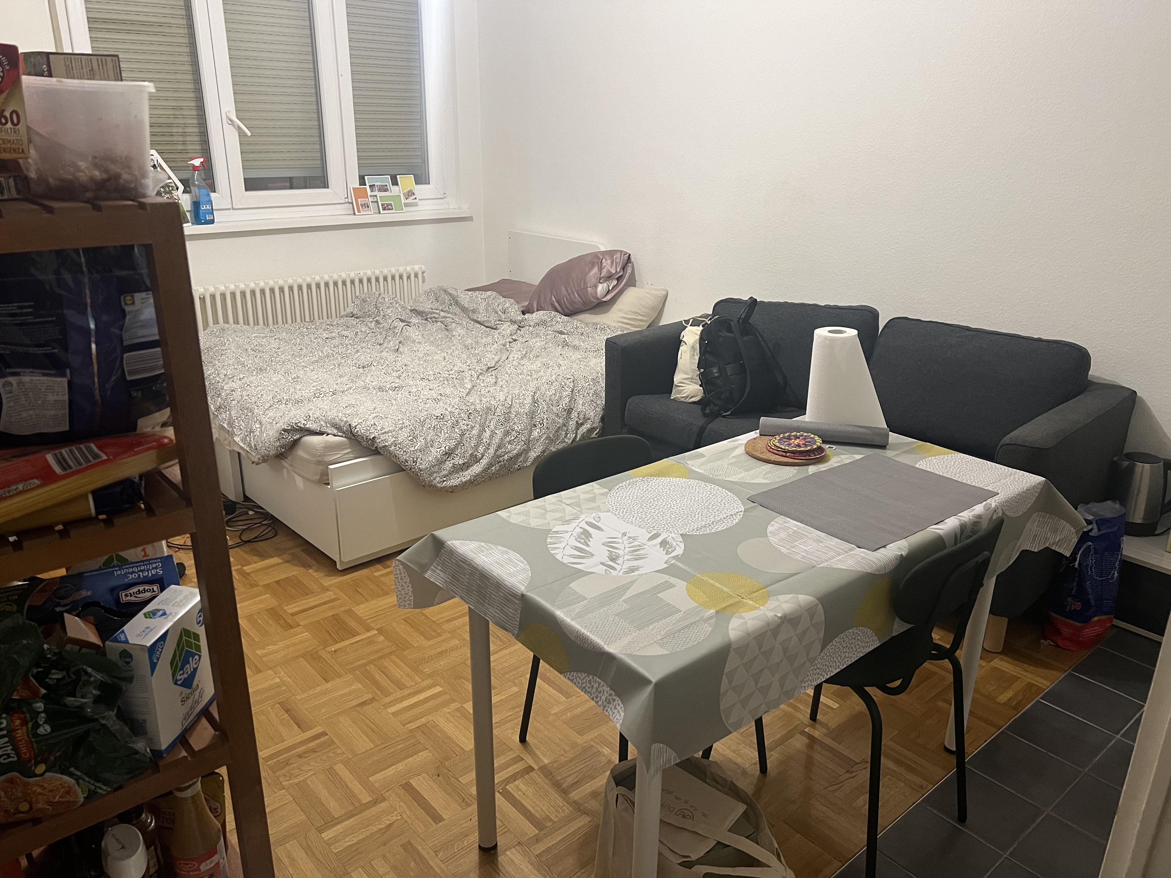 A 23sqm studio apartment with a bed, dining table, clothing rack, and kitchen area featuring floral print accents.