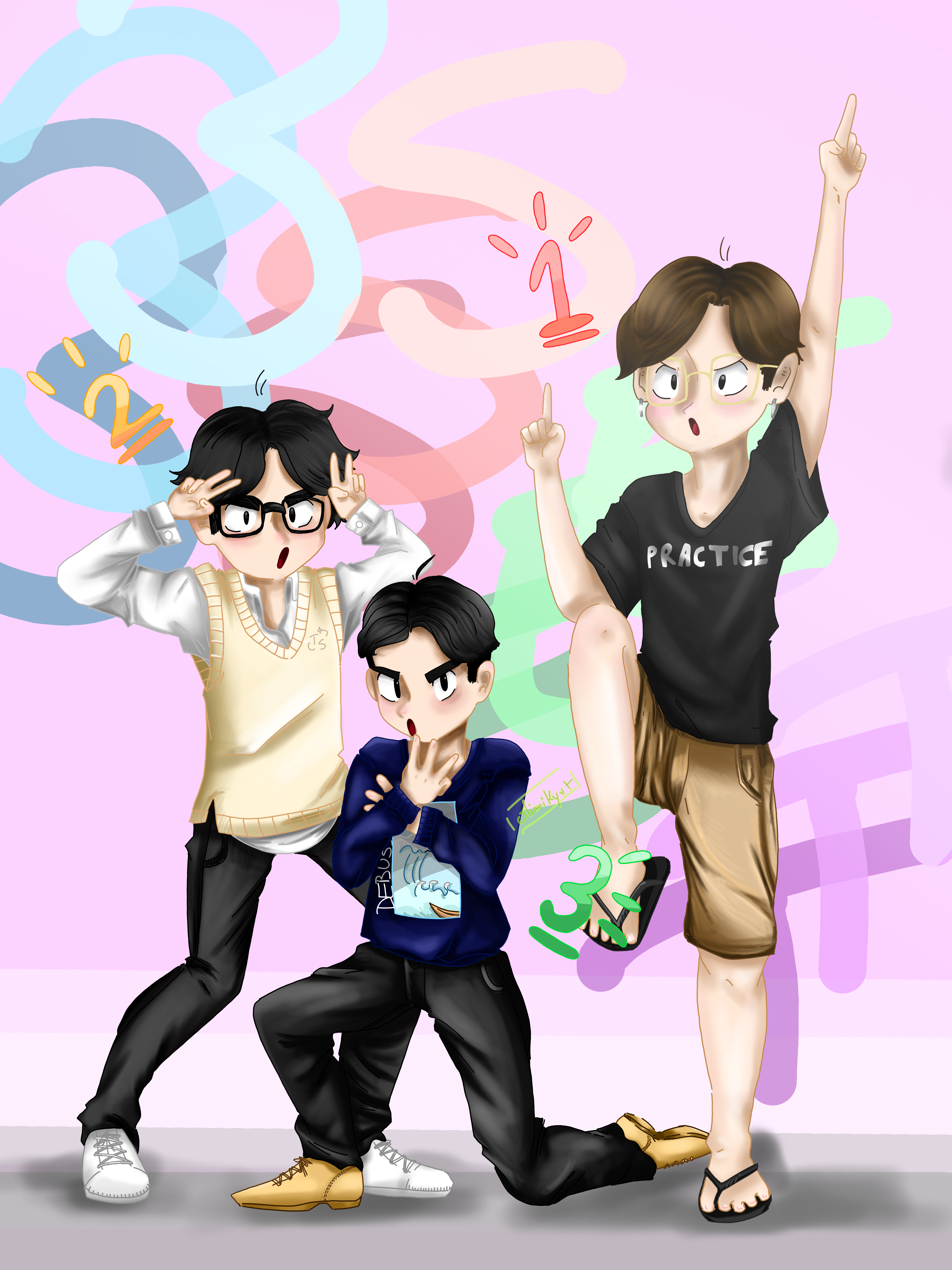 Lingling 40hrs anime street fashion art of three slender men with fair skin in streetwear on a pink background