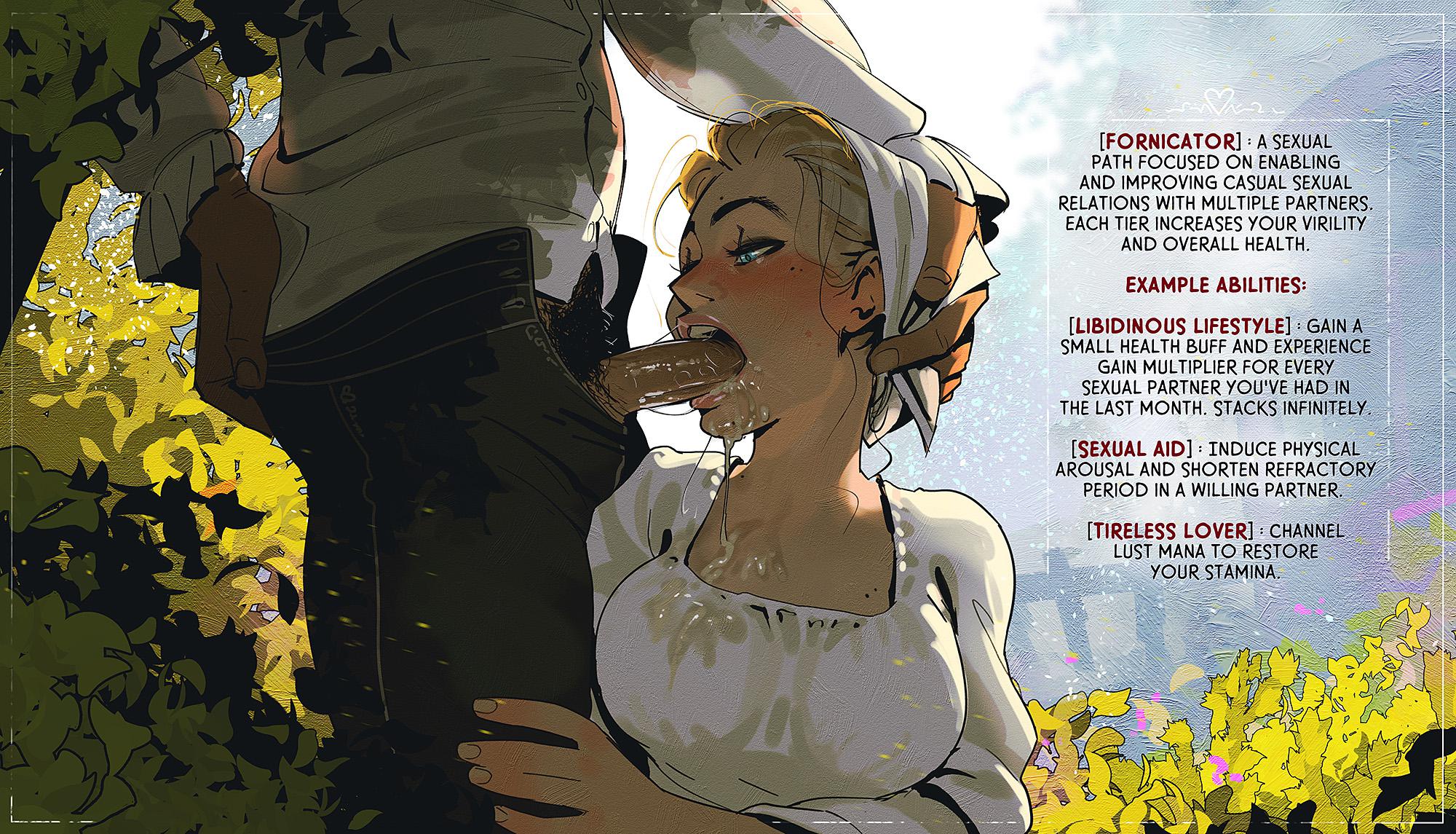Anime art of a curvy blonde woman in white lingerie performing a blowjob with an ass focus.